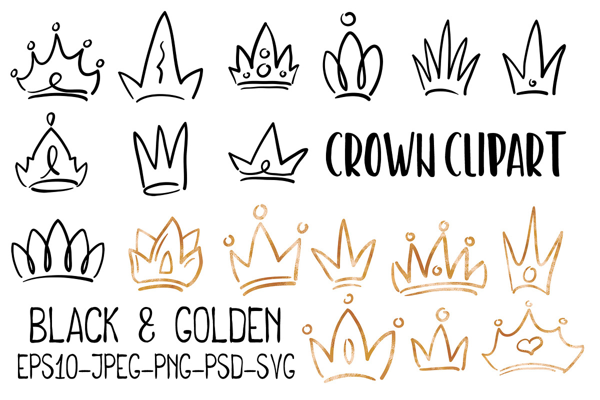 Doodle Crown, Black + Golden Clipart, an Icon by RabbitAndPencil (Photo 1 of 5)