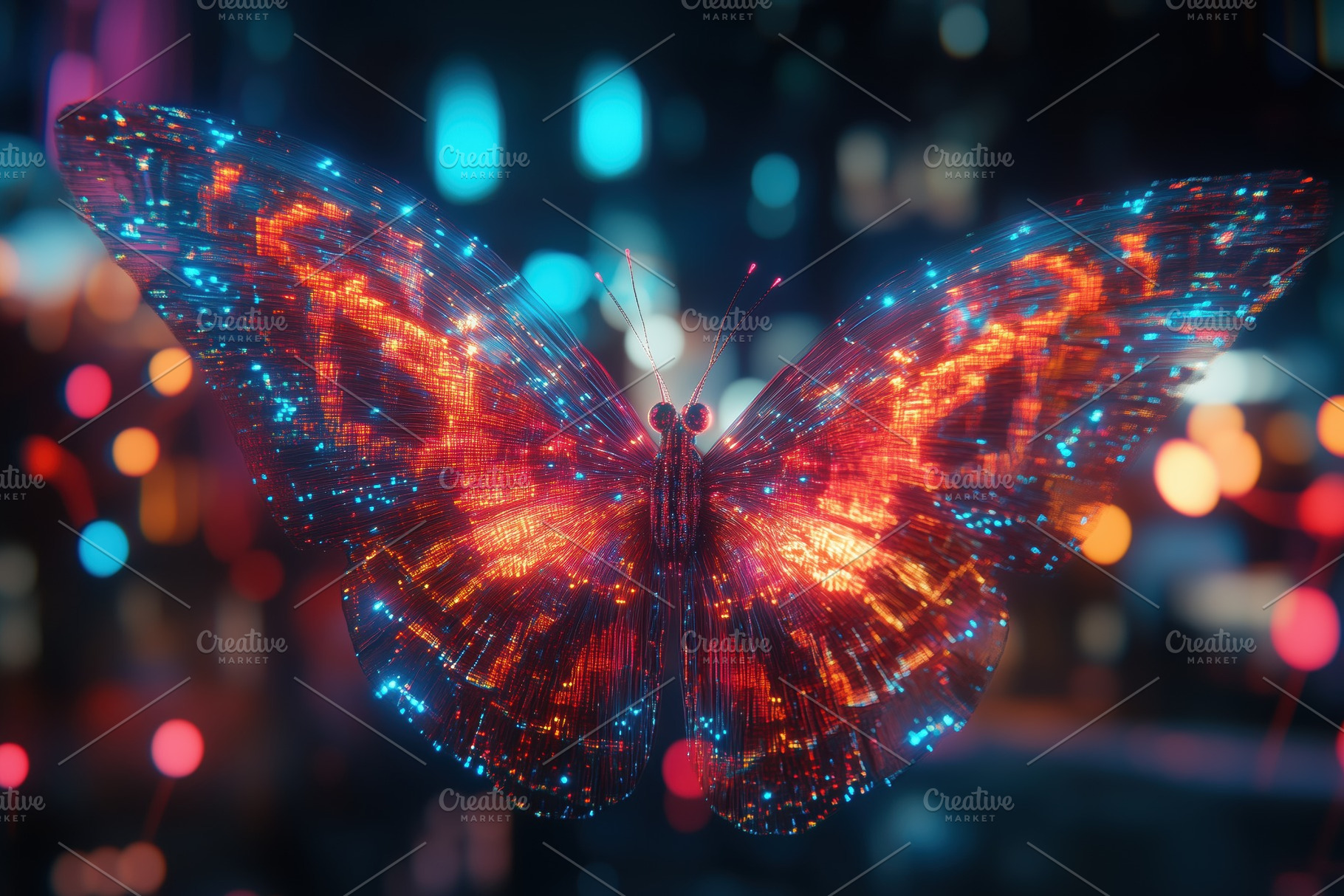 A vibrant, digital butterfly with glowing wings, showcasing intricate patterns, an Animal Photo by Textures & Backgrounds