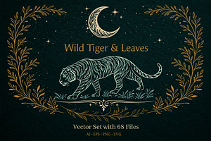 Wild Tiger & Leaves Botanical Vector