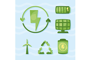 six green energy icons, a Technology Illustration by studiogstock
