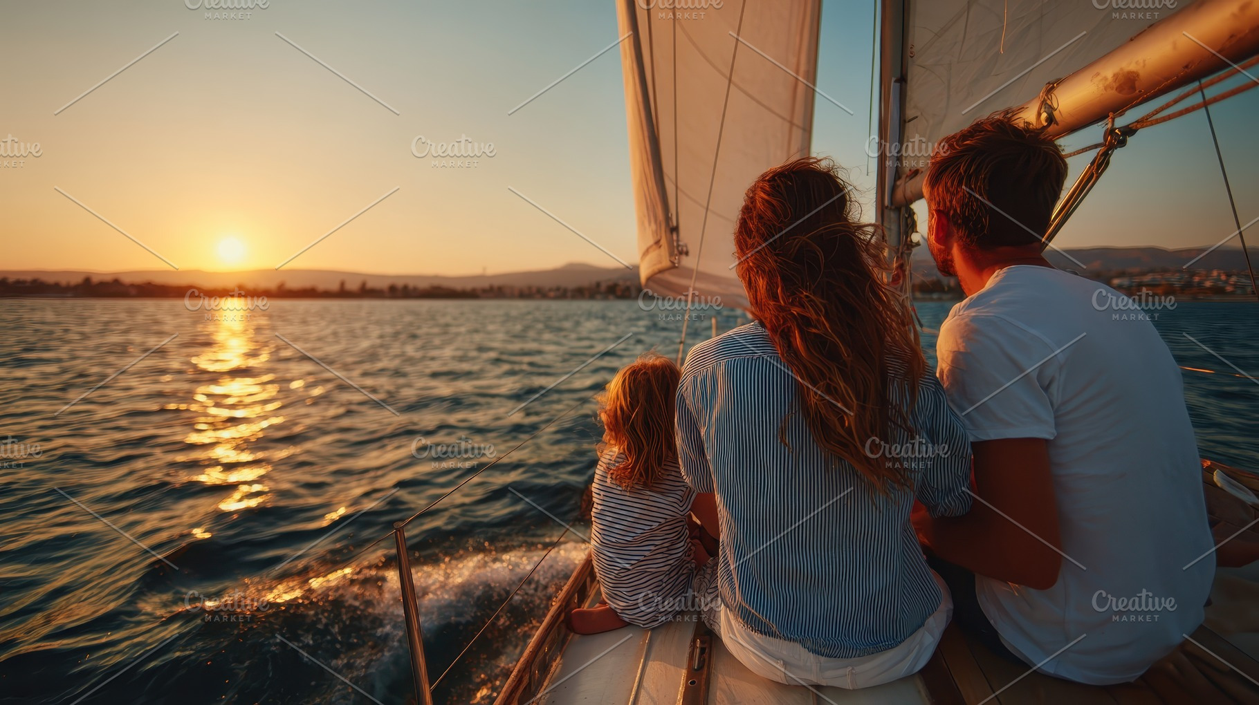 Family sailing at sunset golden hour, a Photo by Pixeness Studio