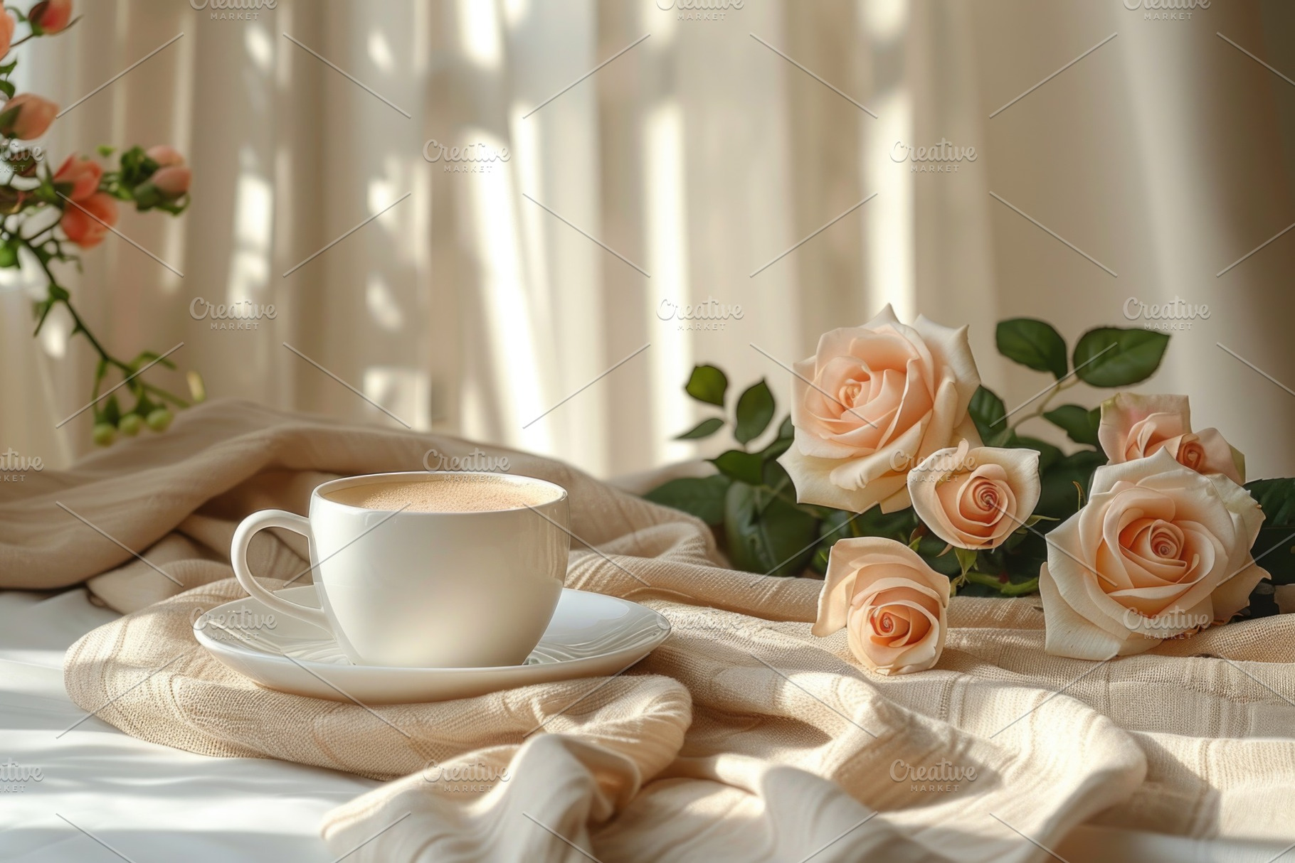 Cozy coffee cup with roses and soft sunlight warm romantic home, a Holiday Photo by José Manuel Gelpi
