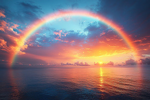 Vivid rainbow arching over calm ocean at sunset with dramatic cl, a Food & Drink Photo by José Manuel Gelpi