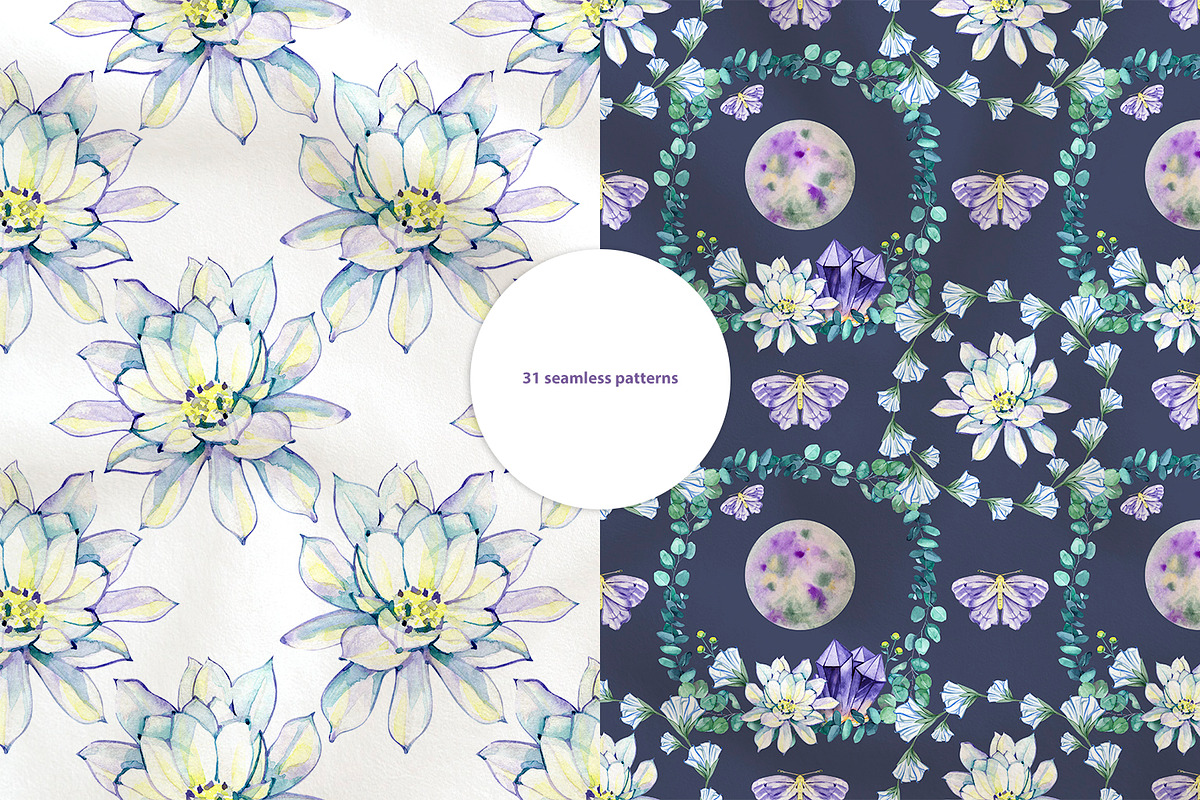 Moon Flowers. Watercolor Clipart Set, a Decorative Illustration by NataliMiasStore (Photo 4 of 6)
