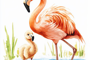 Flamingo and Chick in Water Watercol, an Animal Photo by Pixeness Studio