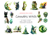 Watercolor Witches Cannabis Clipart, a Decorative Illustration by stickermadness (Thumbnail 1 of 4)