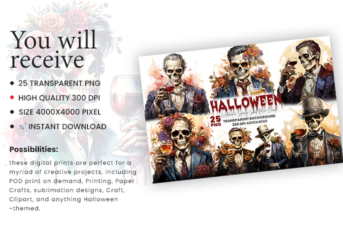 Halloween Spooky Skull Man Clipart, a Seasonal Illustration by Creative Arslan (Photo 3 of 7)
