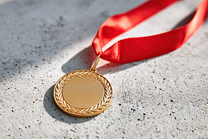 Golden medal resting on a textured surface with a red ribbon under natural ligh, a Sports & Recreation Photo by AlyaAnd
