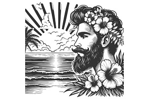 Tropical man with hibiscus crown at, a Person Illustration by AlexArt