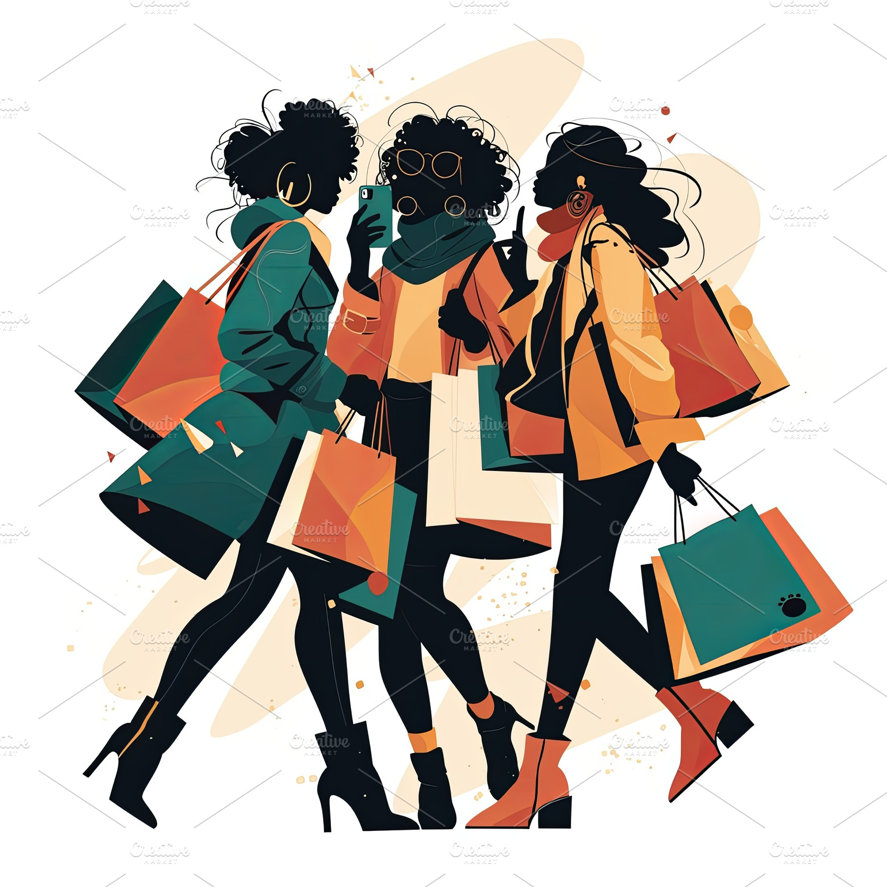 Stylish women shopping with colorful bags in a modern illustration, a Photo by AS photostudio