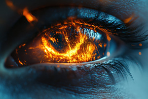 Vibrant glowing eye with fiery orang, a Photo by Tanuart