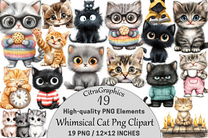 Watercolor Whimsical Cat Clipart, a Seasonal Illustration by CitraGraphics
