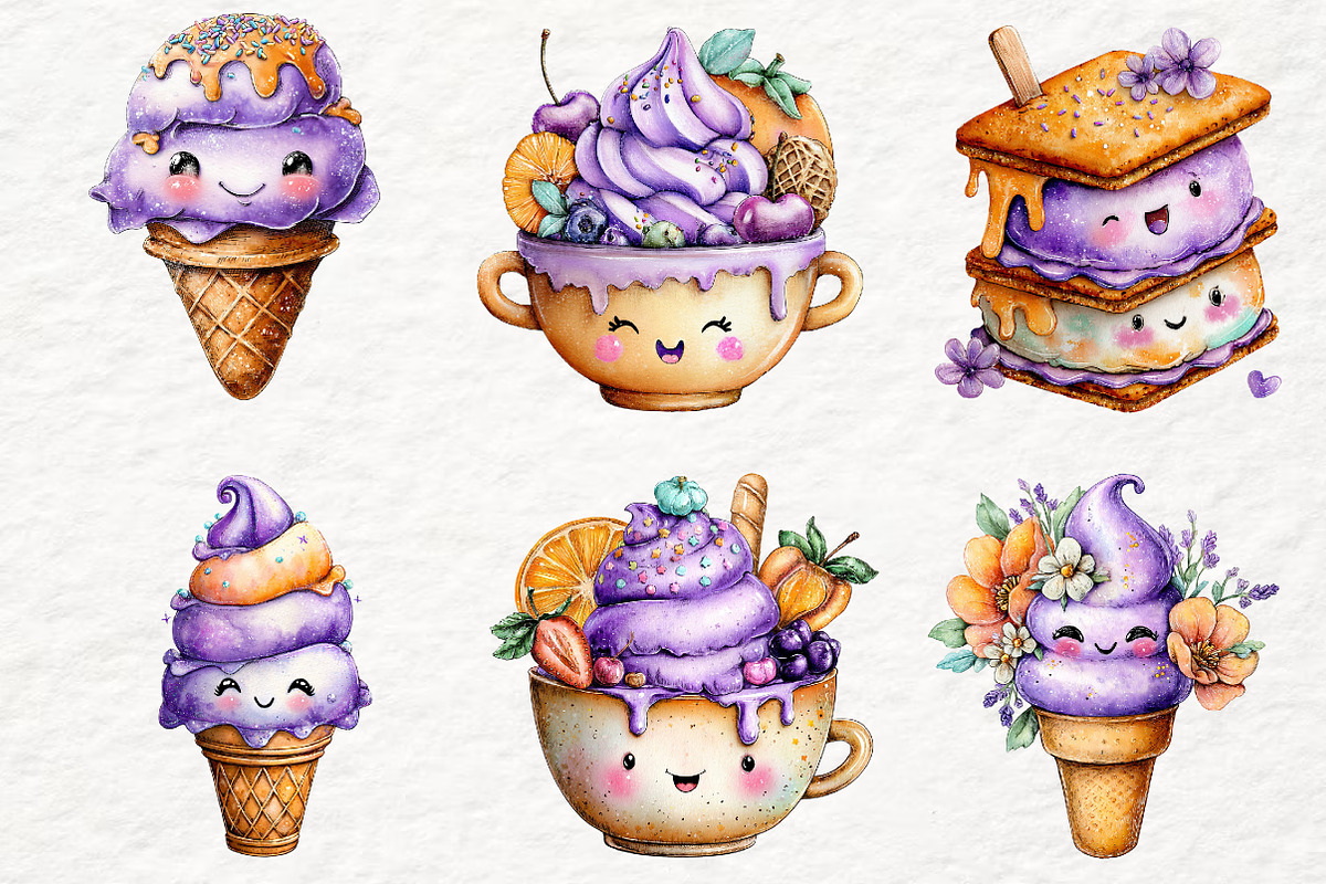 Whimsical smiling ice cream Clipart, a Decorative Illustration by Watercolor design (Photo 3 of 6)