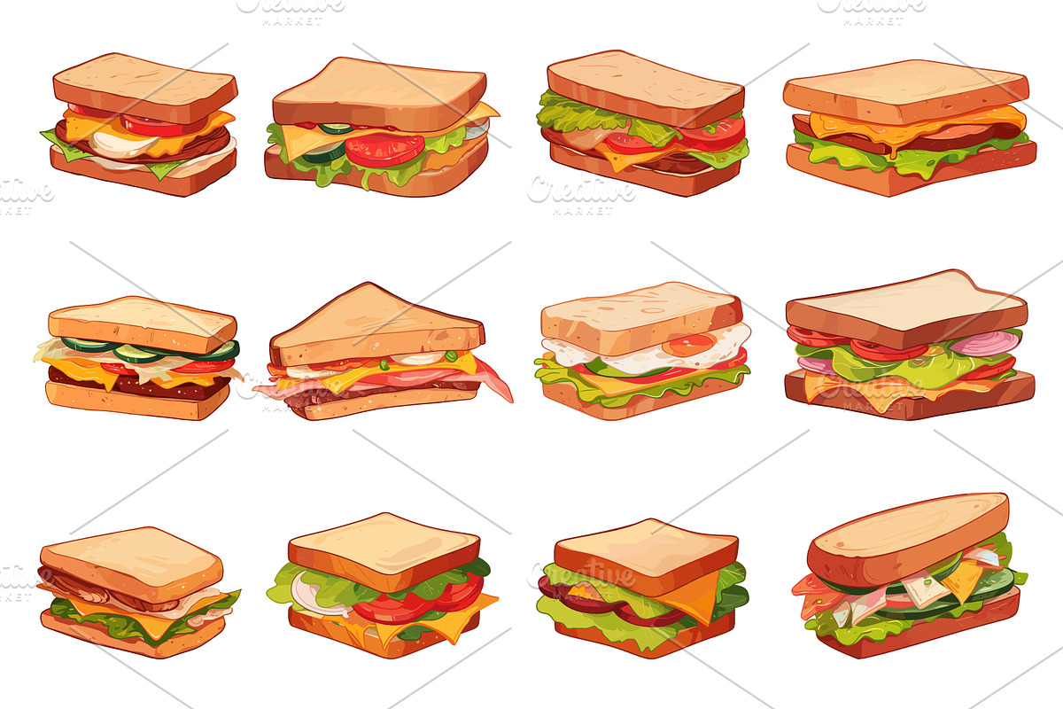 Set of cartoon sandwiches with, a Food Illustration by LadadikArt