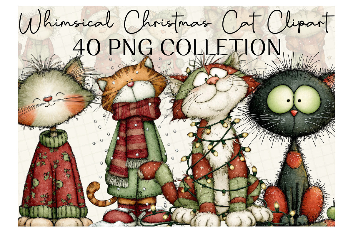 Whimsical Christmas Cat Clipart, an Illustration by DreamCafeArt (Photo 1 of 6)