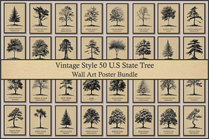 50 US State Tree Vintage Poster Set, a Decorative Illustration by Genius Graph