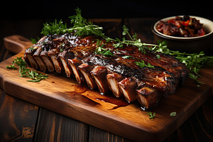 BBQ grilled ribs meat on wooden board, a Food & Drink Photo by AlyaAnd