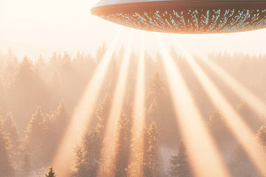 Alien spaceship hovering above misty, a Photo by Dvoevnore photos