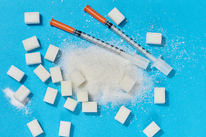 Two insulin syringes and scattered white sugar on a blue backgro, a Food & Drink Photo by ndanko