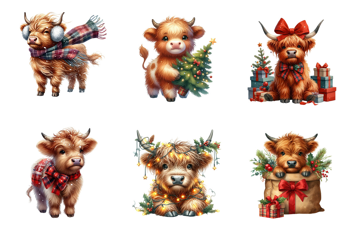Cute Christmas Highland Cow Clipart, an Illustration by SinaCreation (Photo 3 of 7)