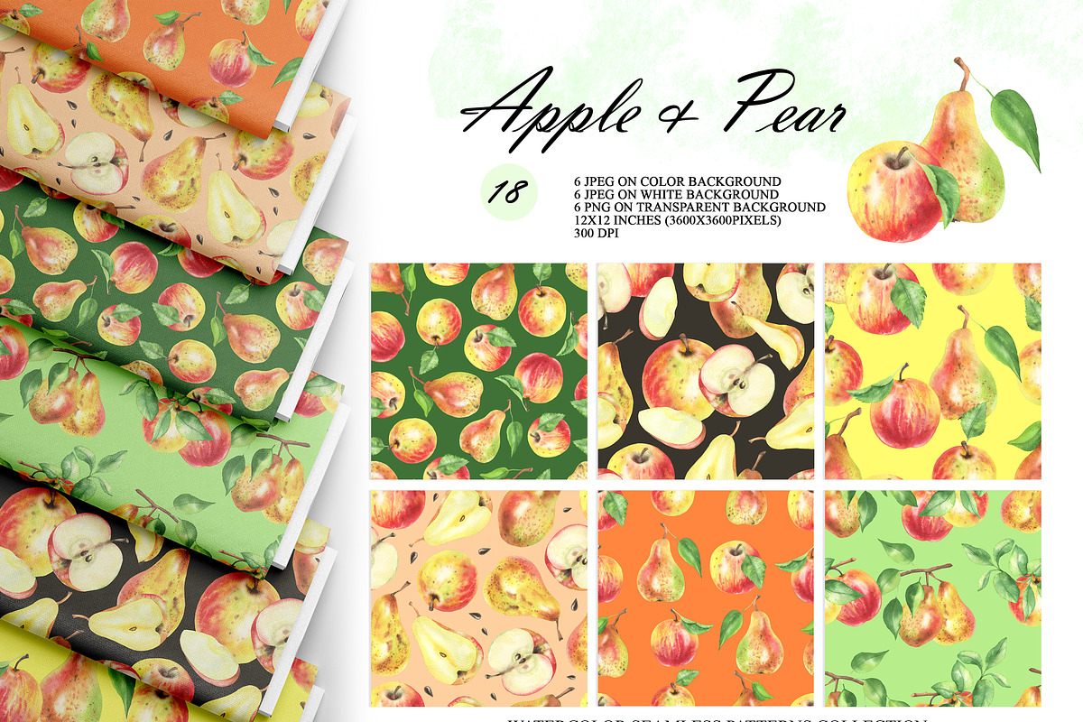 Watercolor Apple & Pear Patterns, a Food Illustration by OlDm_Shop (Photo 1 of 10)
