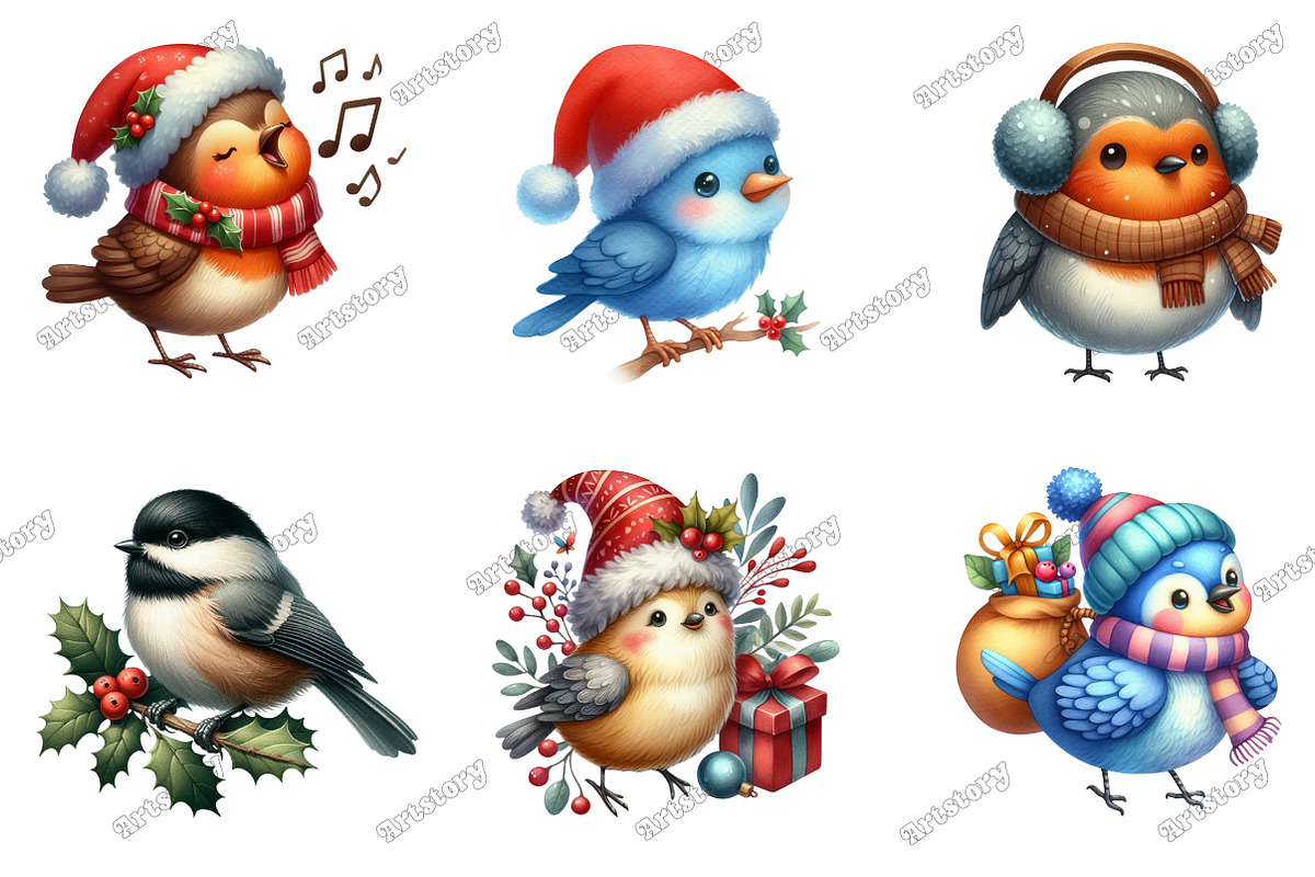 Whimsical Christmas Birds Clipart, an Illustration by designcity5 (Photo 2 of 5)