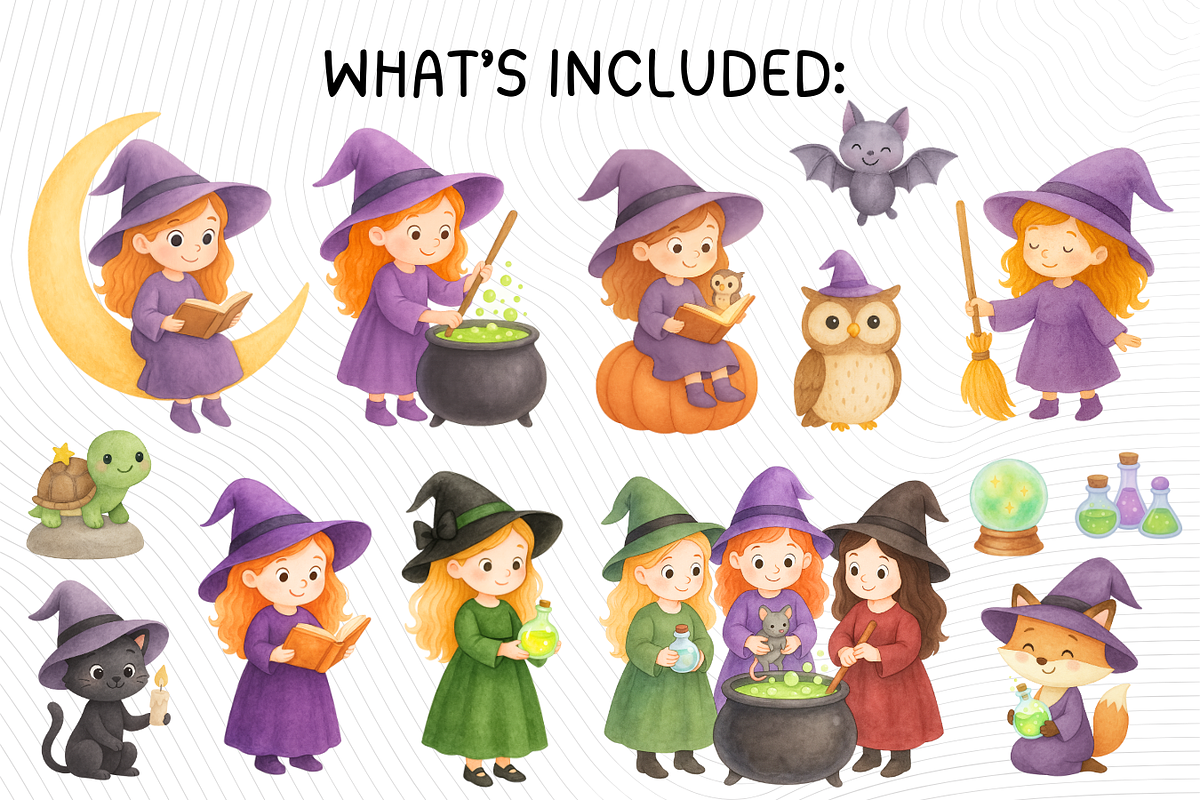 Watercolor Witch Clipart Set, a Seasonal Illustration by PassionPNGcreation (Photo 2 of 9)