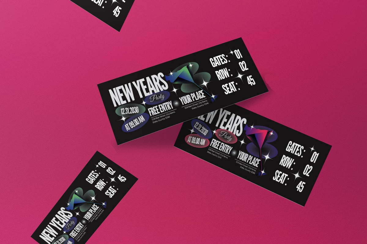 Green Pink New Years Party Ticket, a Card Template by graphicook (Photo 3 of 3)