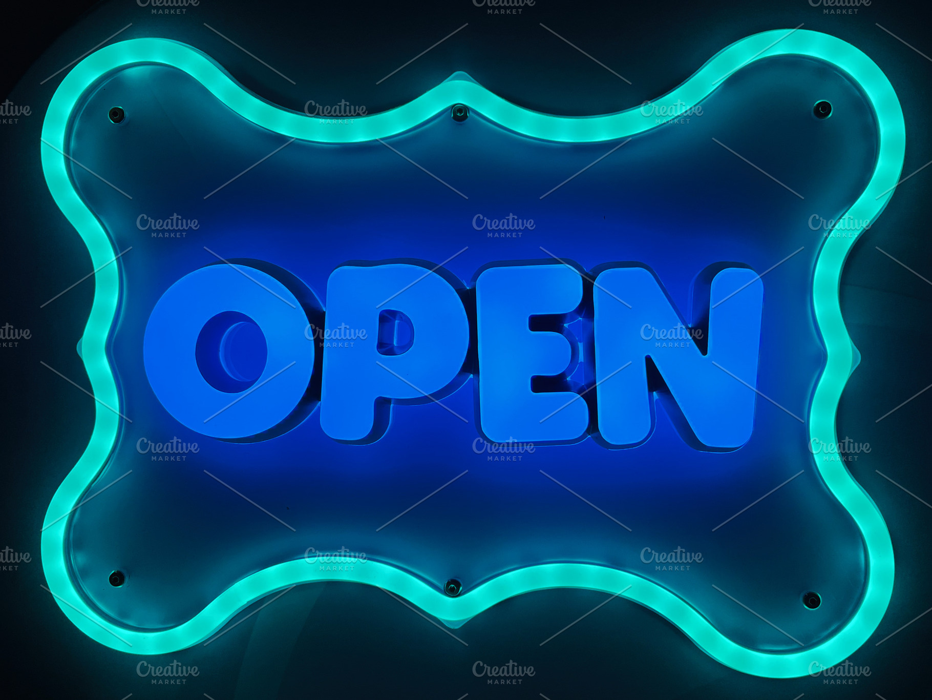 Bright neon sign displaying the text 'Open' with glowing blue lighting, a Photo by AS photostudio