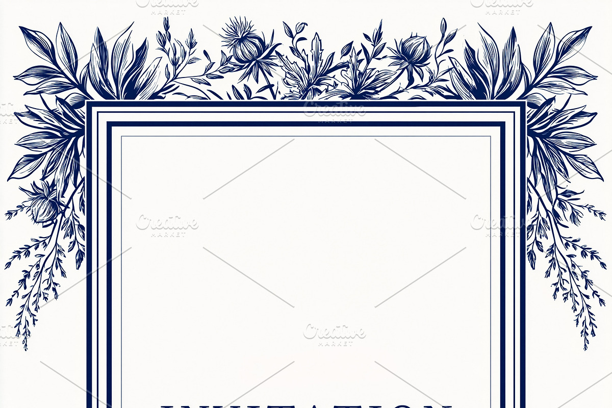 Botanical invitation card with a double lined frame and a dark blue illustratio, an Illustration by Studio ANNA
