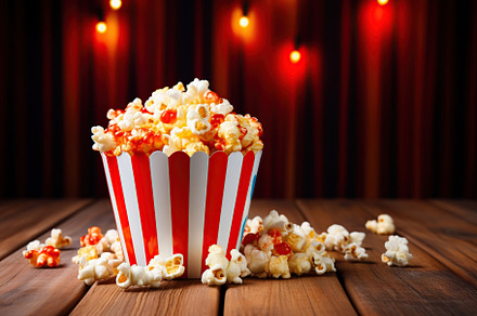 Paper cup with popcorn on wooden background, a Food & Drink Photo by AlyaAnd