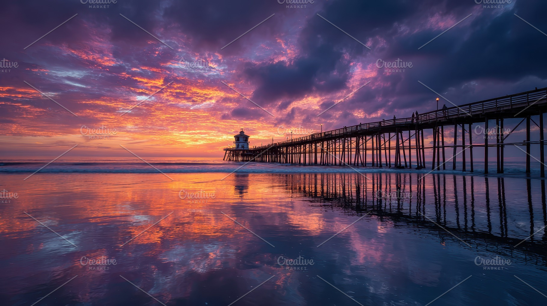 Stunning ocean pier sunset vibrant c, a Photo by Pixeness Studio