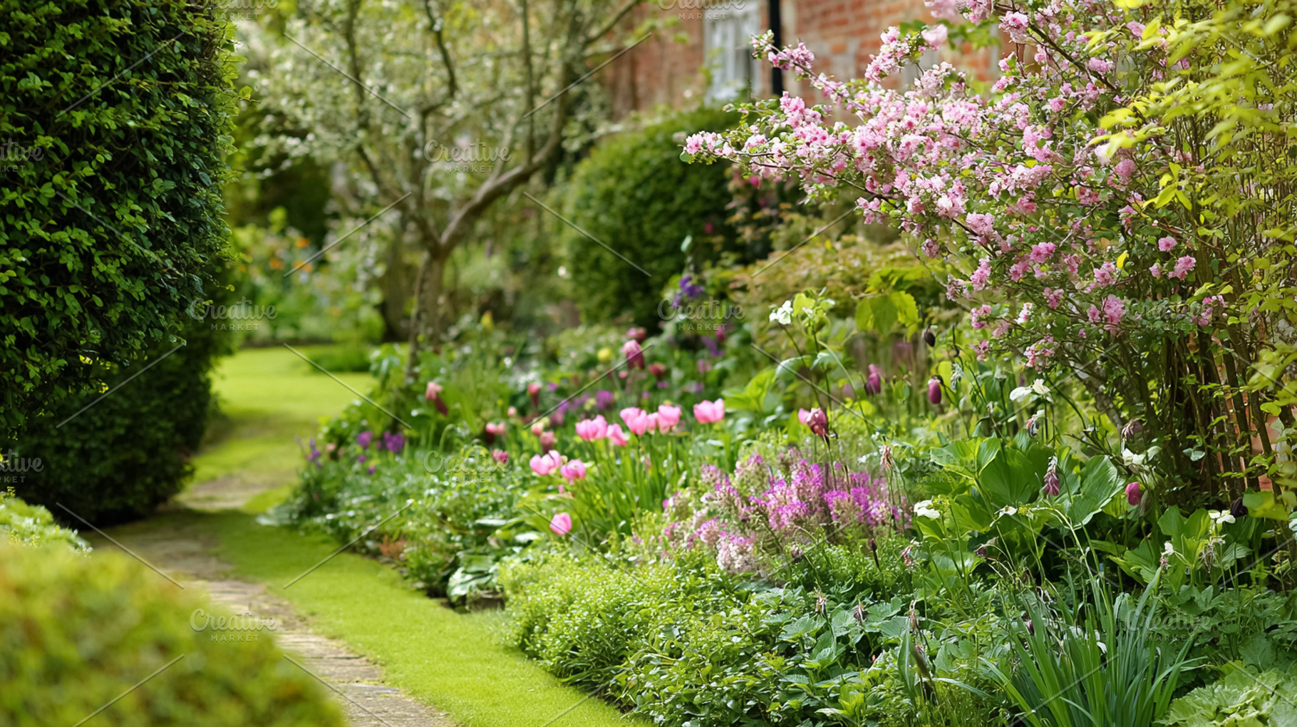 Cottage garden path winding through lush spring planting beds wi, a Photo by Studio ANNA