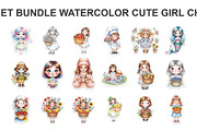 Asset Watercolor Cute Girl Child, a Decorative Illustration by Eka Design (Thumbnail 1 of 5)