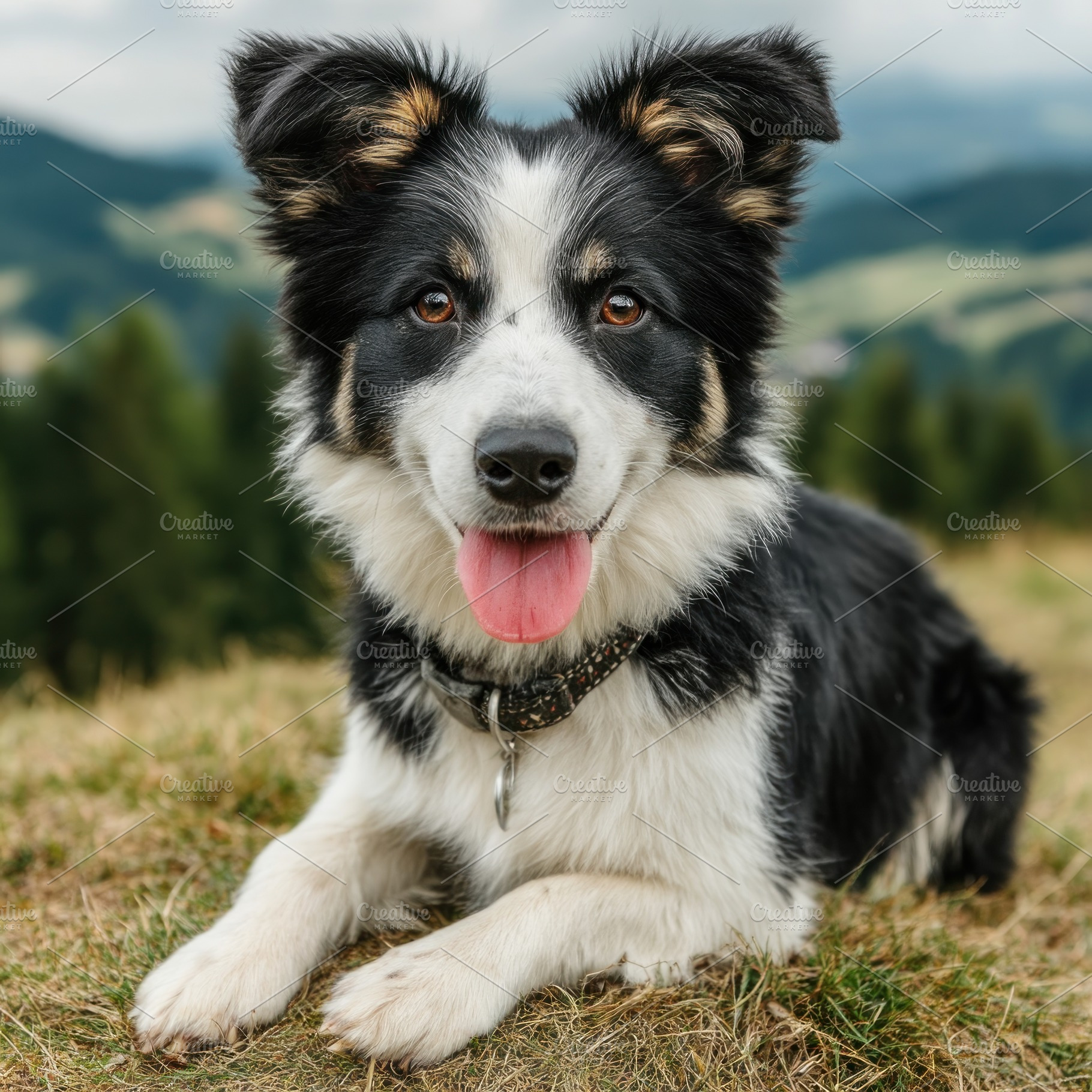 Happy black and white Border Collie puppy lying on grassy hill w, an Animal Photo by José Manuel Gelpi