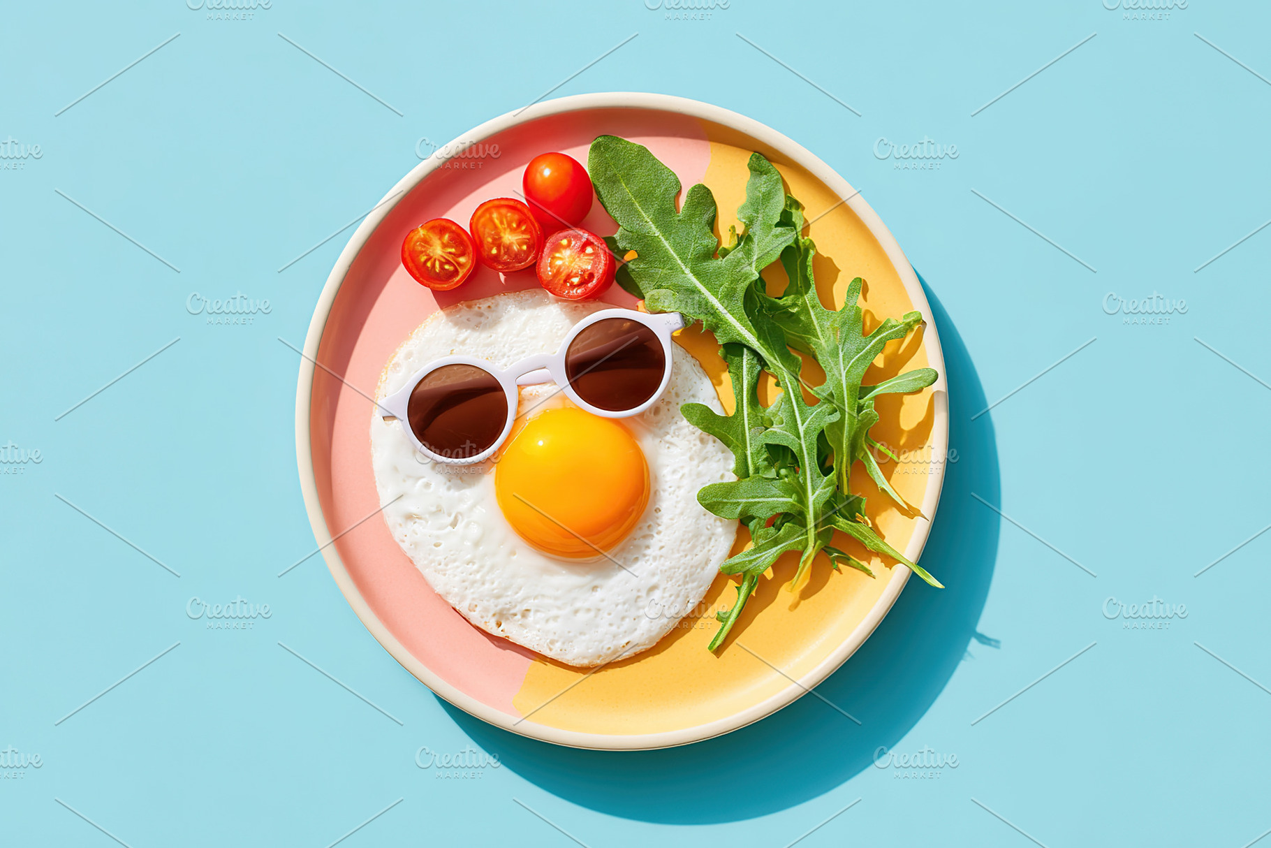 Fried egg with smiley yolk wearing tiny sunglasses and garnished with greens an, a Food & Drink Photo by AlyaAnd