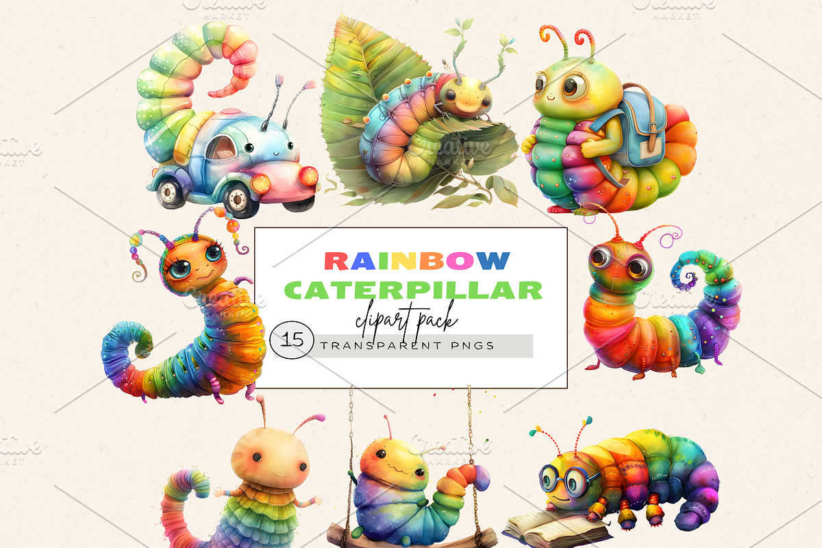 CUTE RAINBOW CATTERPILLAR CLIPART, an Animal Illustration by Daring Digies (Photo 1 of 8)