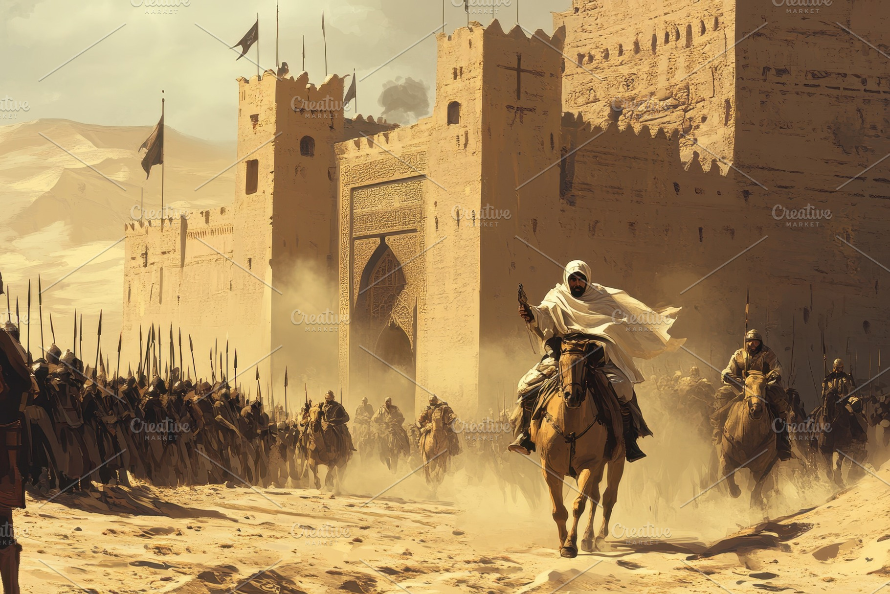 Ancient Arab soldier leading a troop, a Photo by Pavel_design