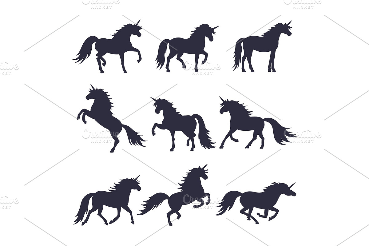 Mythology illustrations set of unicorns silhouette in different poses. Vector pictures of medieval black horses, an Animal Illustration by Onyx