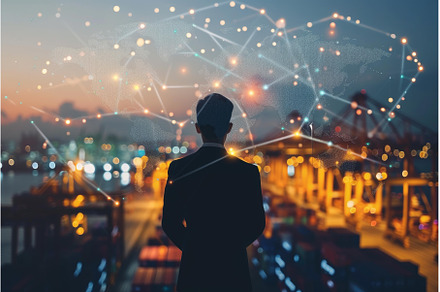 Businessman overlooking global trade, a Transportation Photo by Ylivdesign