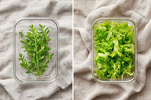 Fresh arugula leaves arranged neatly in a glass container ready for culinary us, a Photo by AlyaAnd