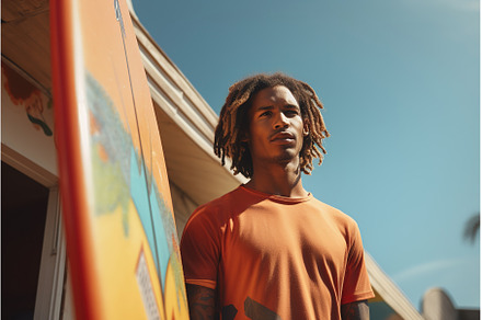 African male surfer with a surfboard, a Person Photo by Lermont51