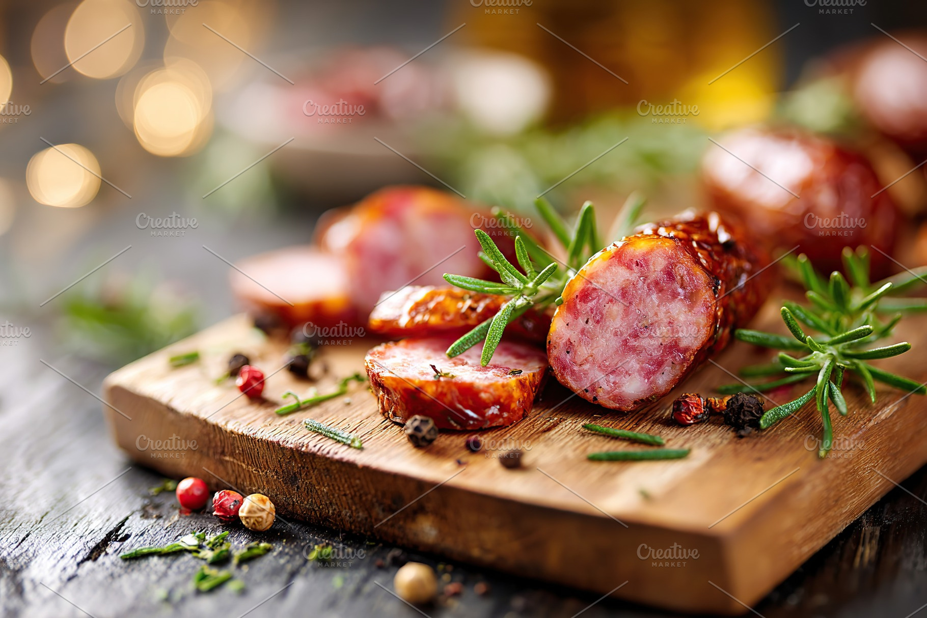 Deliciously smoked sausage slices displayed on a wooden board with fresh herbs, a Food & Drink Photo by AlyaAnd