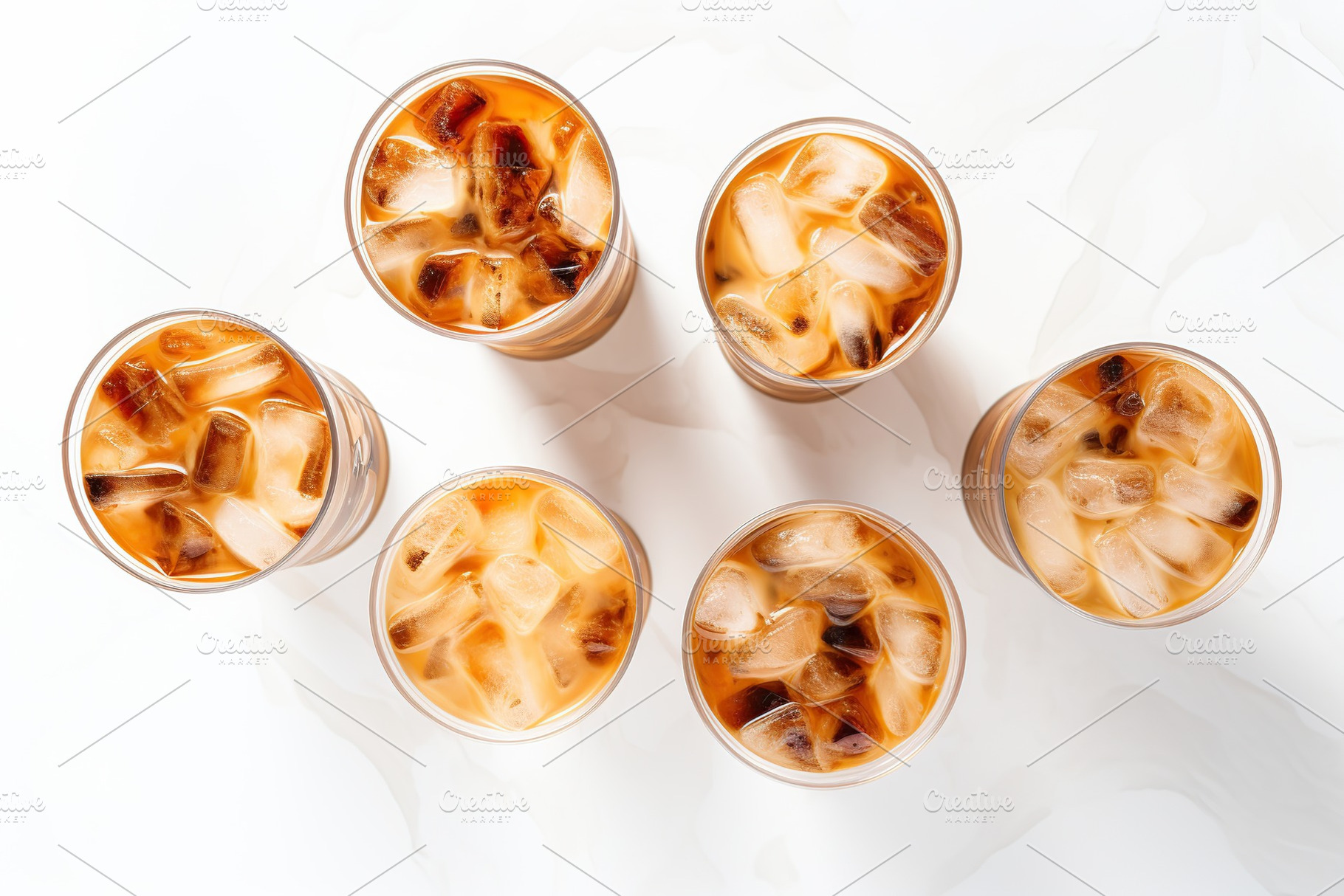 Flat lay of iced coffee in glasses on white background, a Food & Drink Photo by AlyaAnd