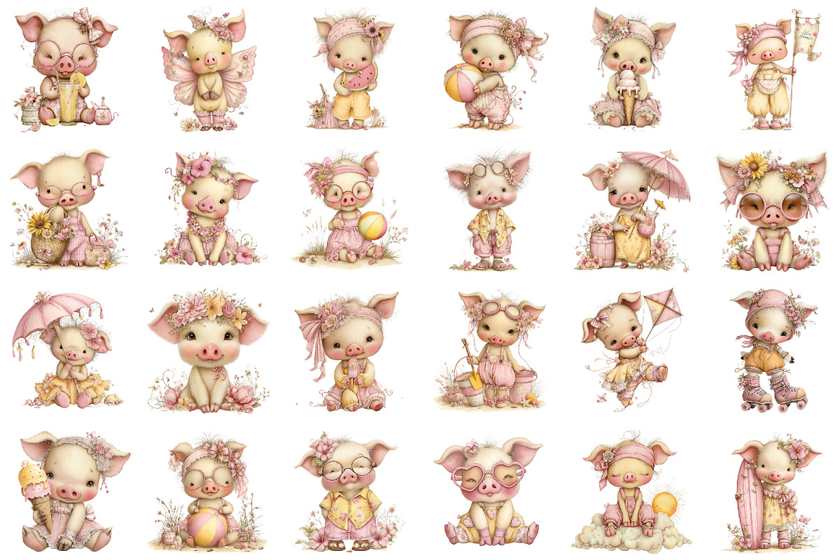 Whimsical Summer Pig Clipart, an Illustration by designcity5 (Photo 2 of 5)