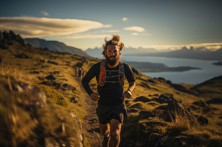 Energetic Man Running on Mountain Trail at Sunset, Fitness and Adventure Concep