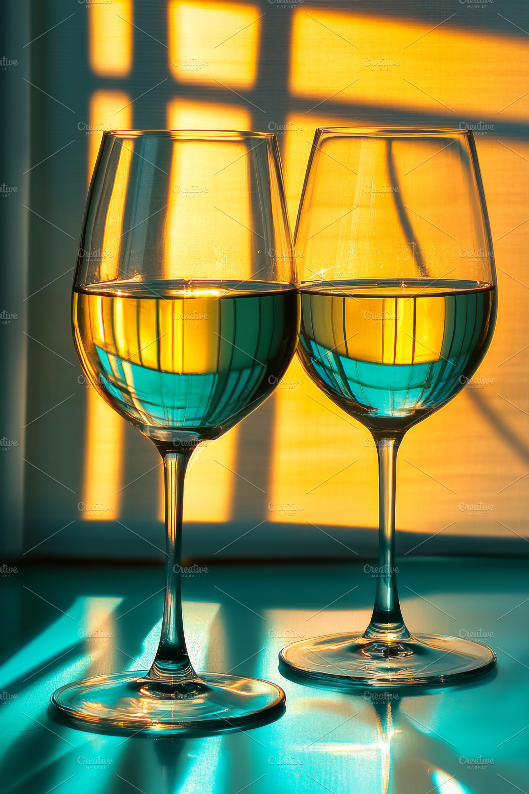 Two wine glasses in sunlight create, a Photo by Dvoevnore photos