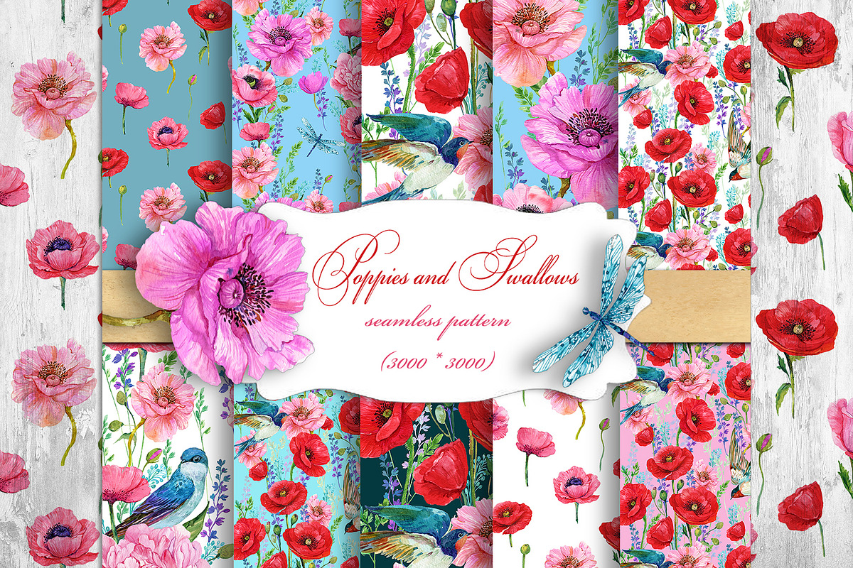 Poppies Flowers, Seamless patterns, a Wallpaper Graphic by NickMitrushov (Photo 1 of 11)