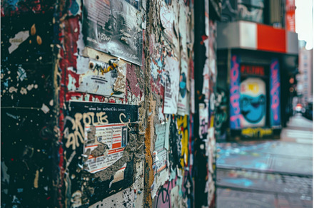 Old wall covered with torn posters, a Background Photo by Ylivdesign