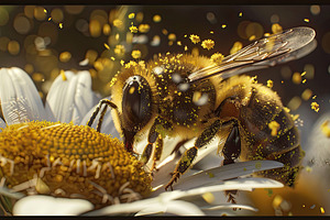 Honey bee covered in pollen from dai, a Photo by LOGOCREATIVE